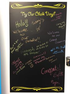 Blackboard vinyl in use at the grand opening of Diamond Visual Communications