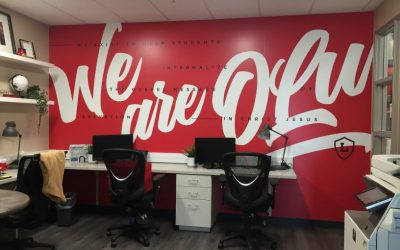 Admission Office Wall Wrap and Lobby Logo for Orange Lutheran High School Has Wow Factor!