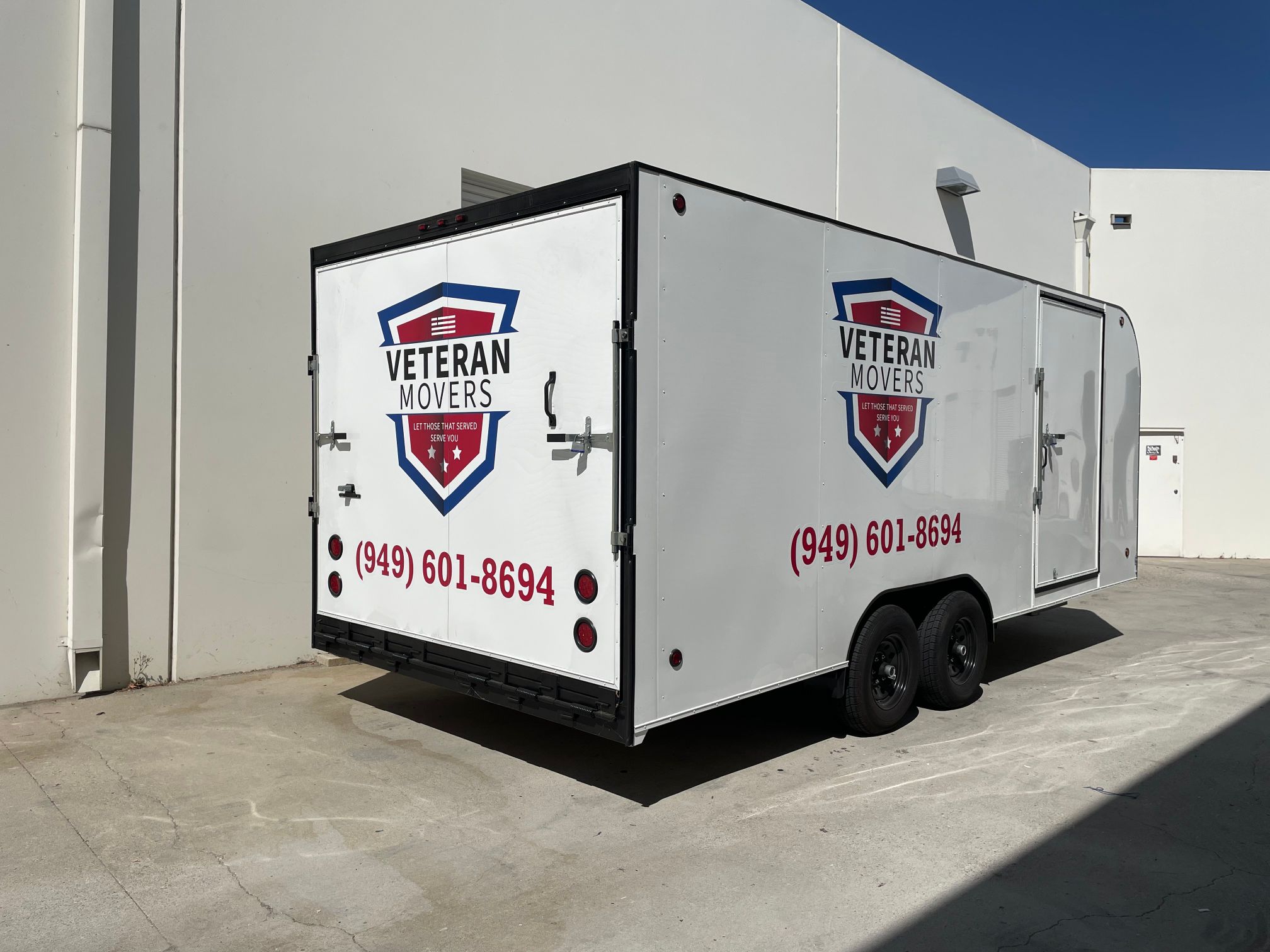 Vinyl Decals and Lettering Brand Veteran Movers Cargo Trailer in Orange County CA