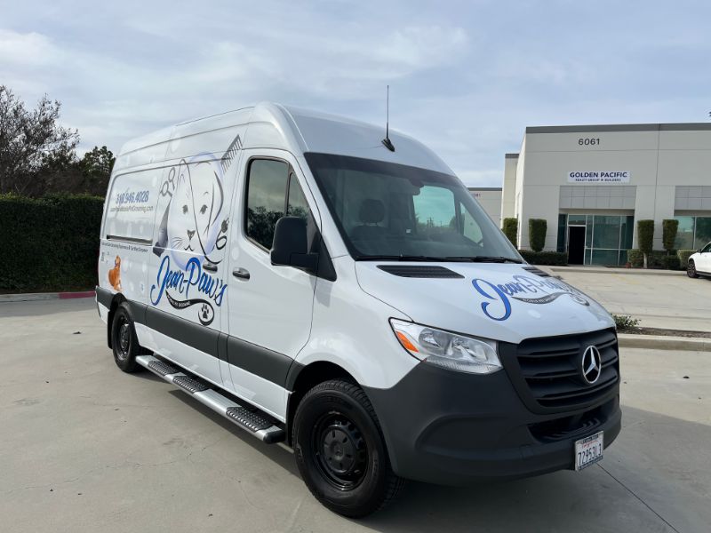 Decals & Lettering Turn Mobile Groomer's Sprinter Van into a Rolling Billboard in Orange County CA