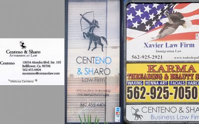Bellflower, CA – From Business Card to Window Graphics and Plaza Sign Panels for Centeno & Sharo Business Law Firm